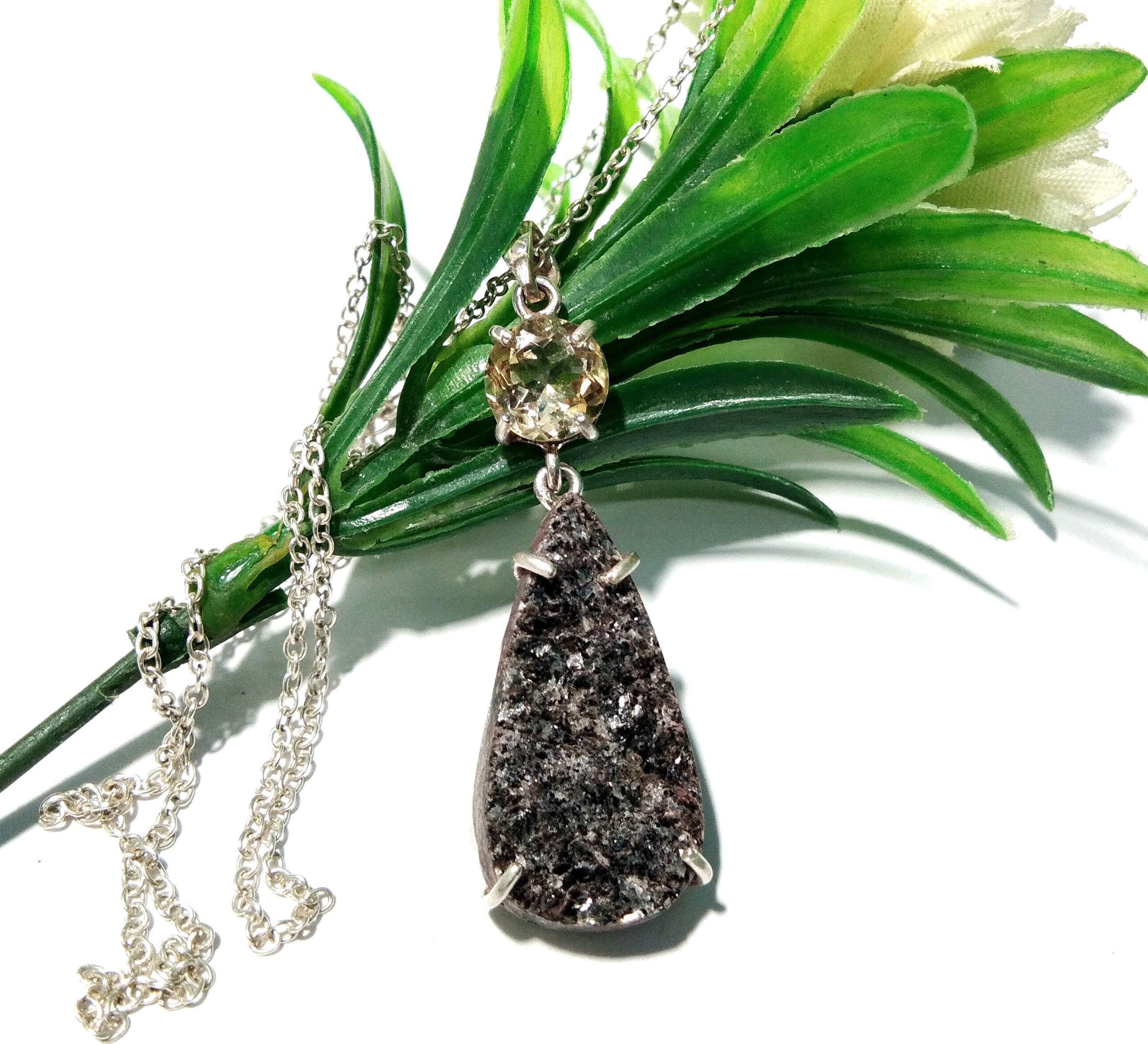 Natural Black Silver Mica Druzy/Citrine Gemstone Chain Pendant Necklace,  925 Starling Silver Jewelry Druzy Stone Pendant For Gift Pendant